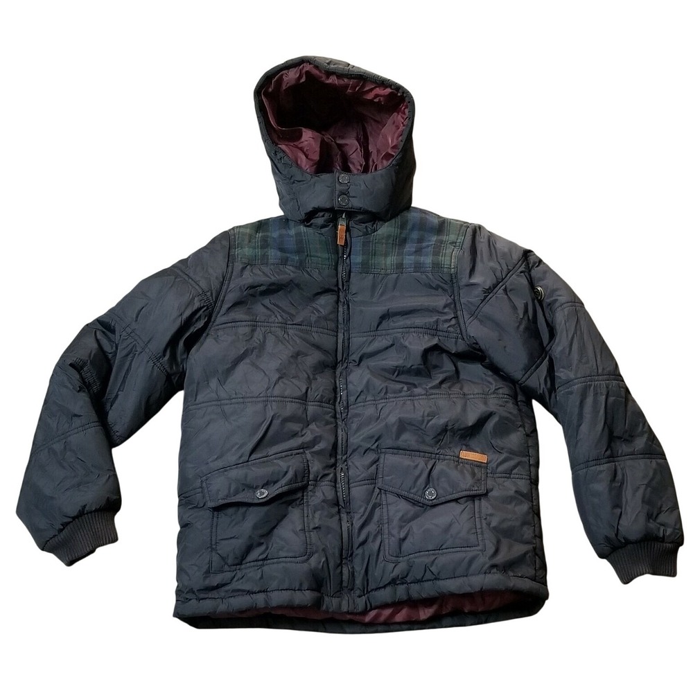 Ben‎ Sherman Kids Black Plaid Yoke Puffer Jacket Hooded Zip Up Coat 14/15Y